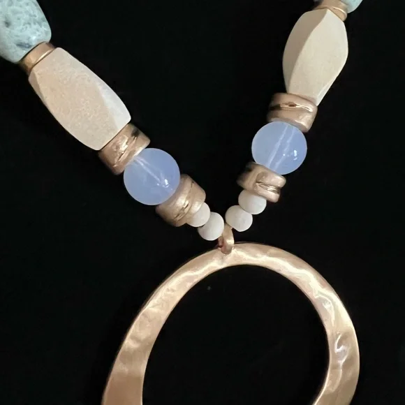 Gold and Cream Beaded Necklace with Distinctive Pendant - Picture 10 of 13